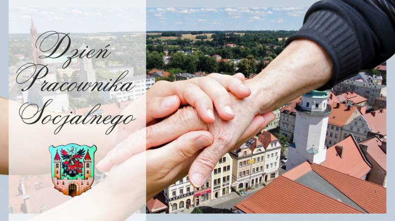 ludzkie dłonie trzymające dłoń innego człowieka, w tle panorama miasta, napis: dzień Pracownika Socjalnego i kolorowy herb miasta Lubań